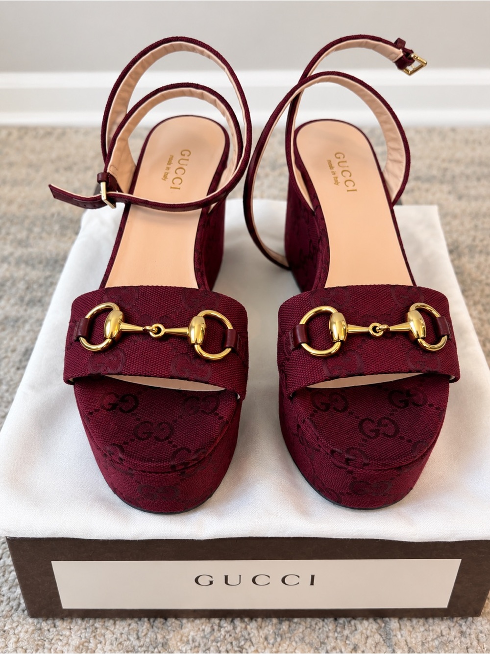 Gucci Burgundy GG Canvas Horsebit Slingback Mules